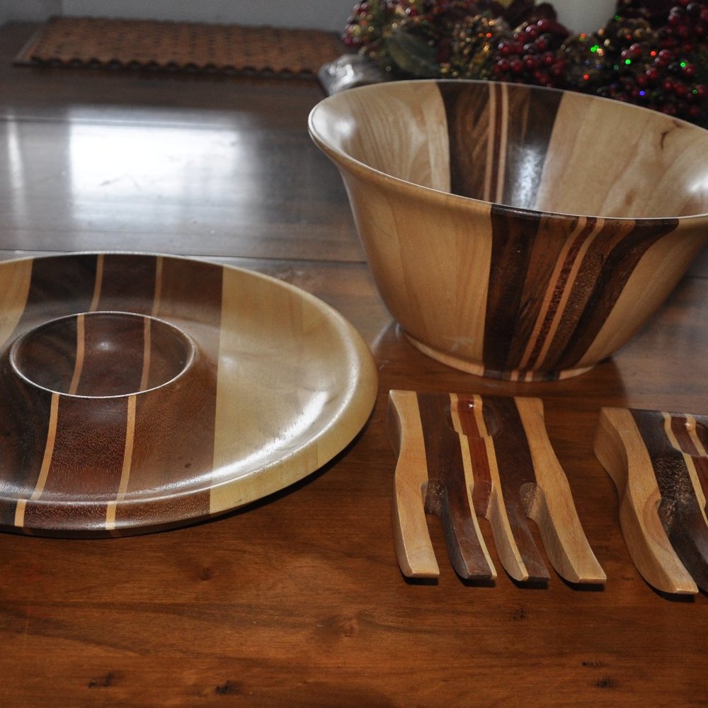4 pc Handcrafted Mixed Wooden Striped Inlay Salad Bowl, Serving Platter & Claws